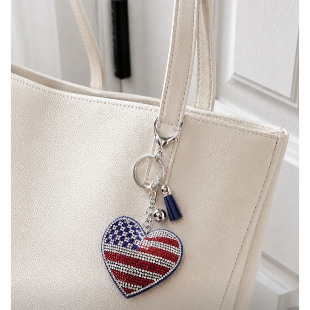 Rhinestone Navy Heart American Flag Bag Charm Key Chain New